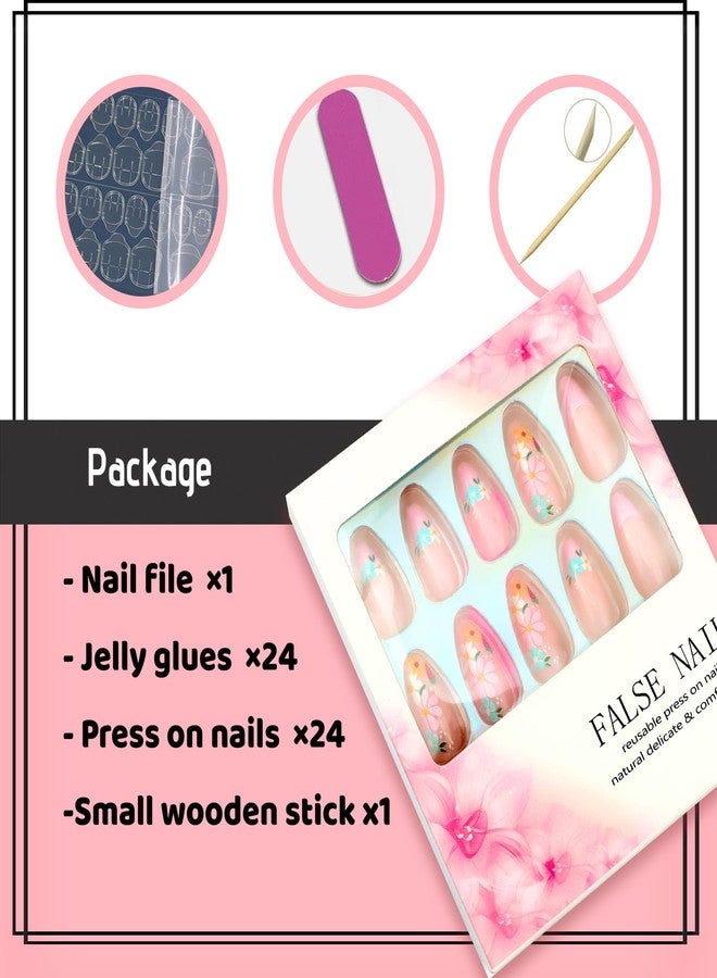 SEMATA Pink French Press on Nails Almond Medium Nude Spring Summer Acrylic False Fake Nails Press ons Flower with Floral Design Fake Nail 24Pcs Reusable Stick on Nail for Women - Image 5